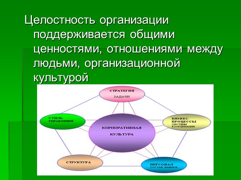 Целостность организации поддерживается общими ценностями, отношениями между людьми, организационной культурой